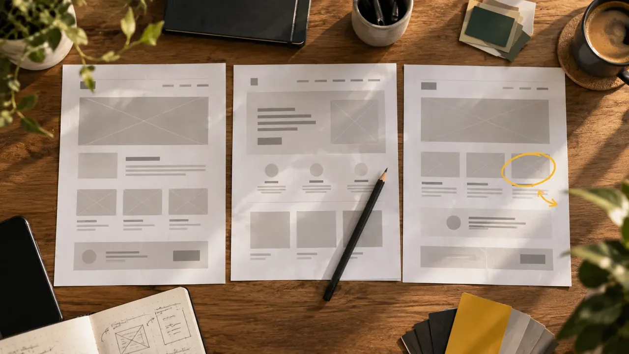 Three printed website wireframe layouts side by side on a designer's desk with a pencil and a marked-up annotation.