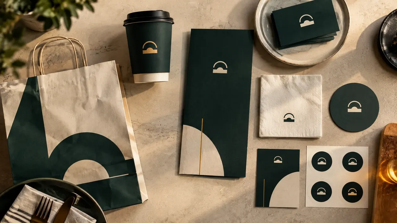 A restaurant's cup, menu, bag, napkin, coaster and cards laid out together, all sharing one consistent brand identity.